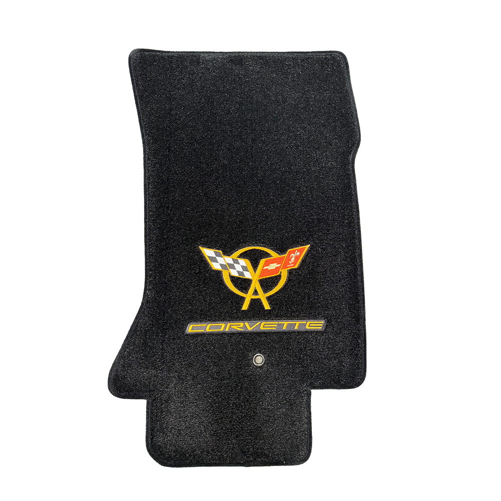 Corvette Ultimat Floor Mats - Embroidered Double Logo : 1997-2004 C5 Black W/ Gold Letters And Emblem