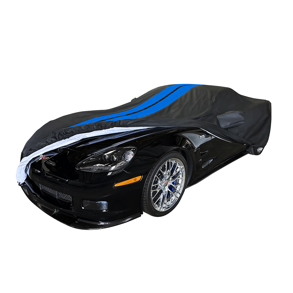 Corvette Ultraguard Plus Car Cover - Indoor/Outdoor Protection - Black W/ Blue Stripes : 2005-2013 C6, Z06, ZR1, Grand Sport