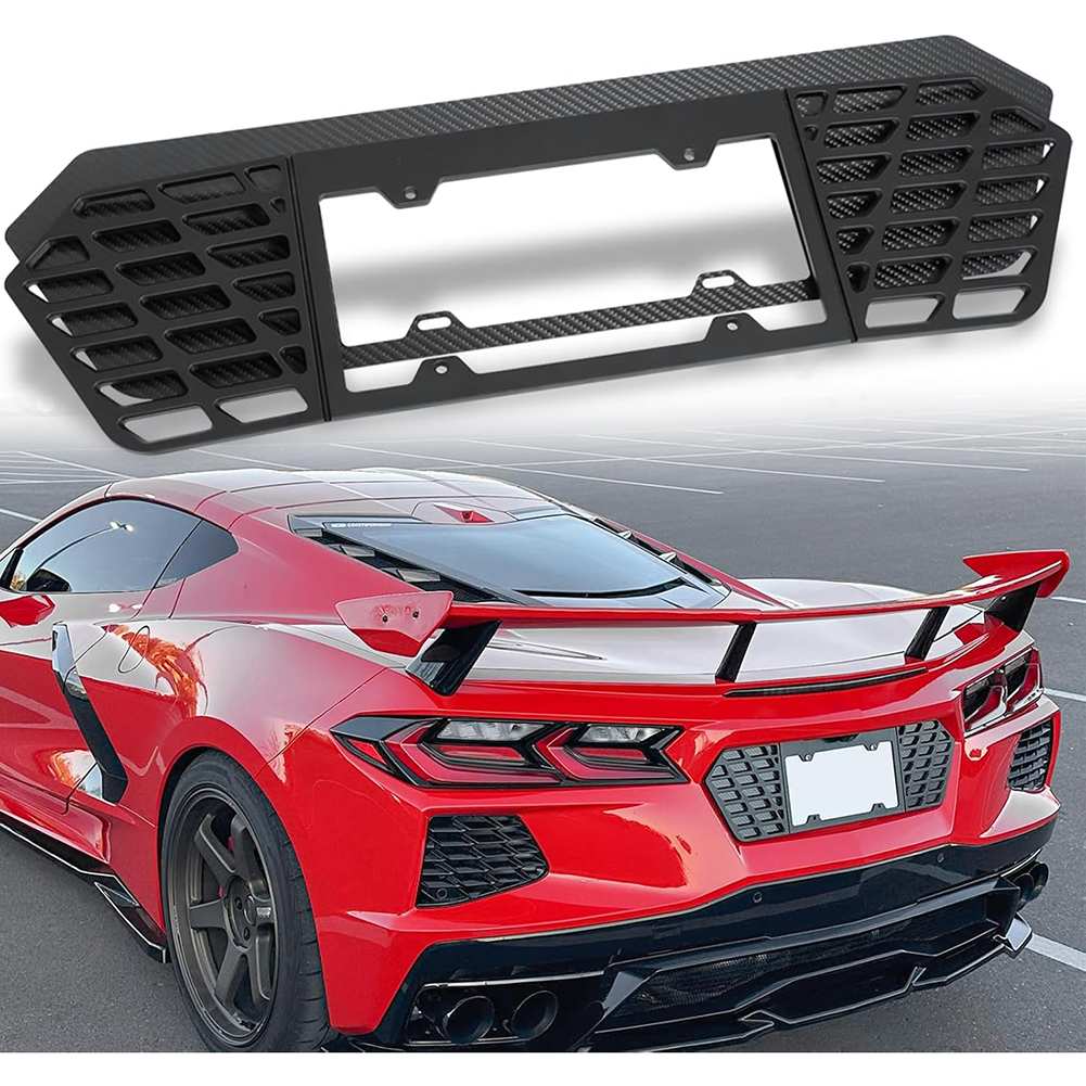 Corvette License Plate Frame - Black Aluminum with Real Carbon Fiber Background : C8, Stingray