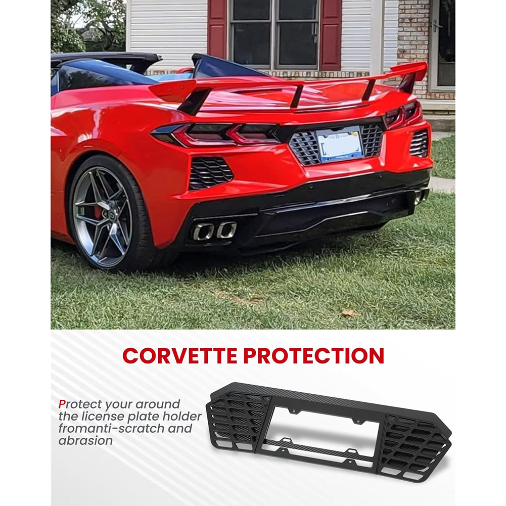 Corvette License Plate Frame - Black Aluminum with Real Carbon Fiber Background : C8, Stingray