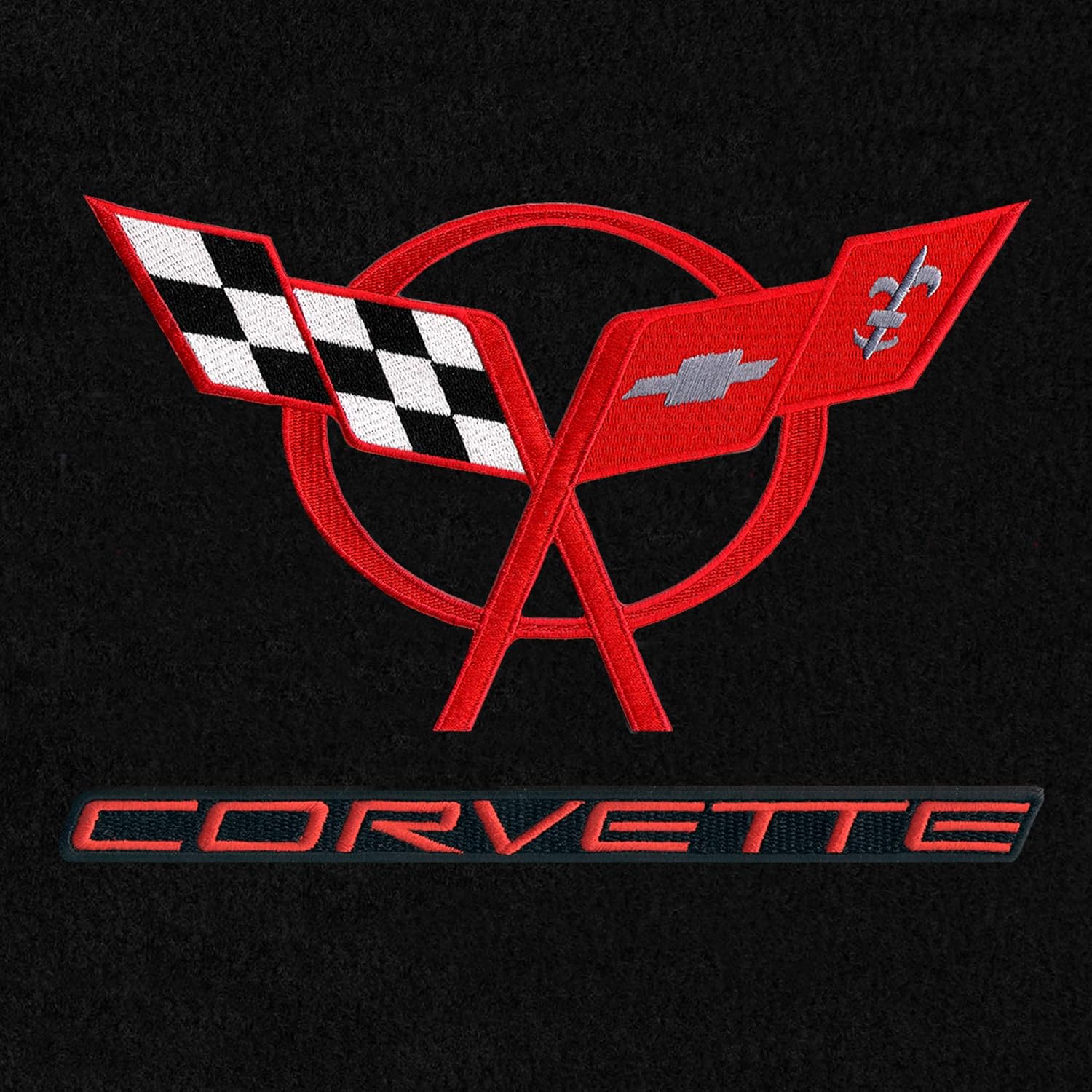 Corvette Velourtex Floor Mats - Embroidered Double Logo W/ Red Binding : 1997-2004 C5