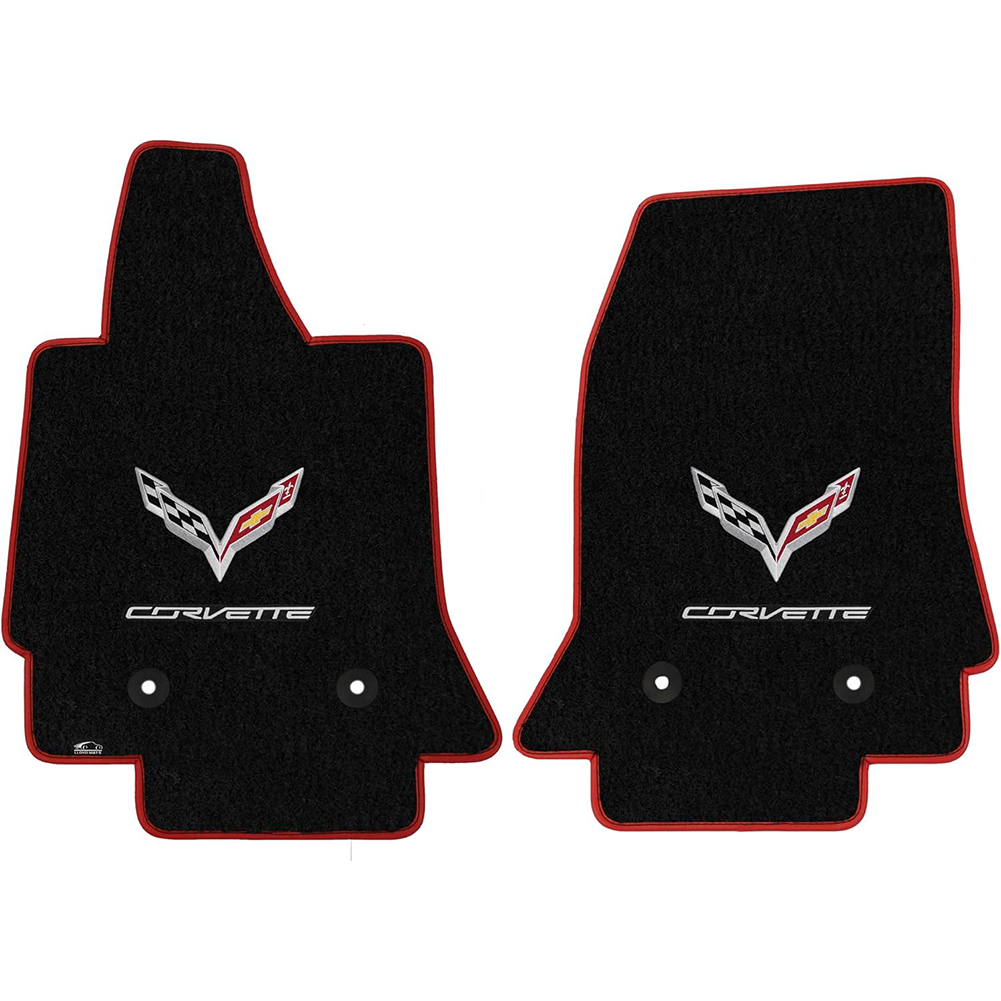 Corvette Floor Mats - Lloyds Velourtex Mats with C7 Crossed Flags & Corvette Script W/ Red Binding : C7 Stingray, Z51