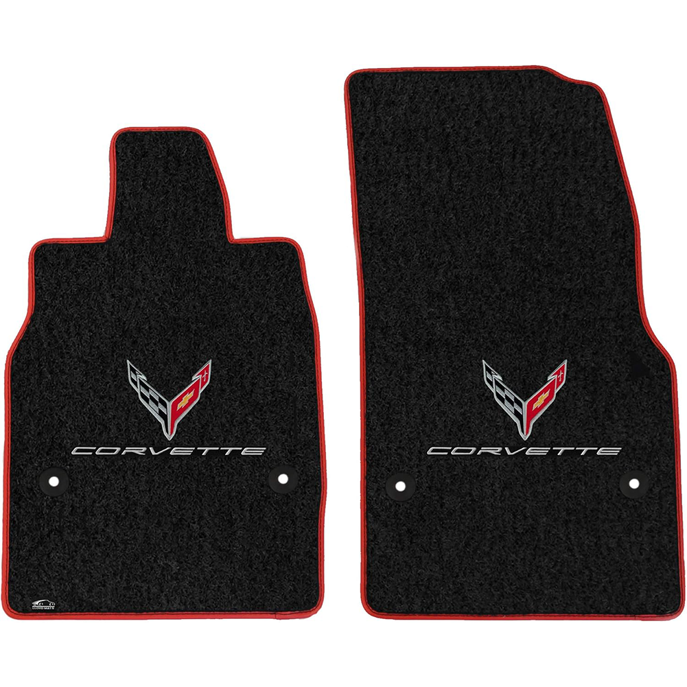 C8 Corvette Floor Mats - Lloyds Mats with C8 Crossed Flags & Corvette Script, Red Binding