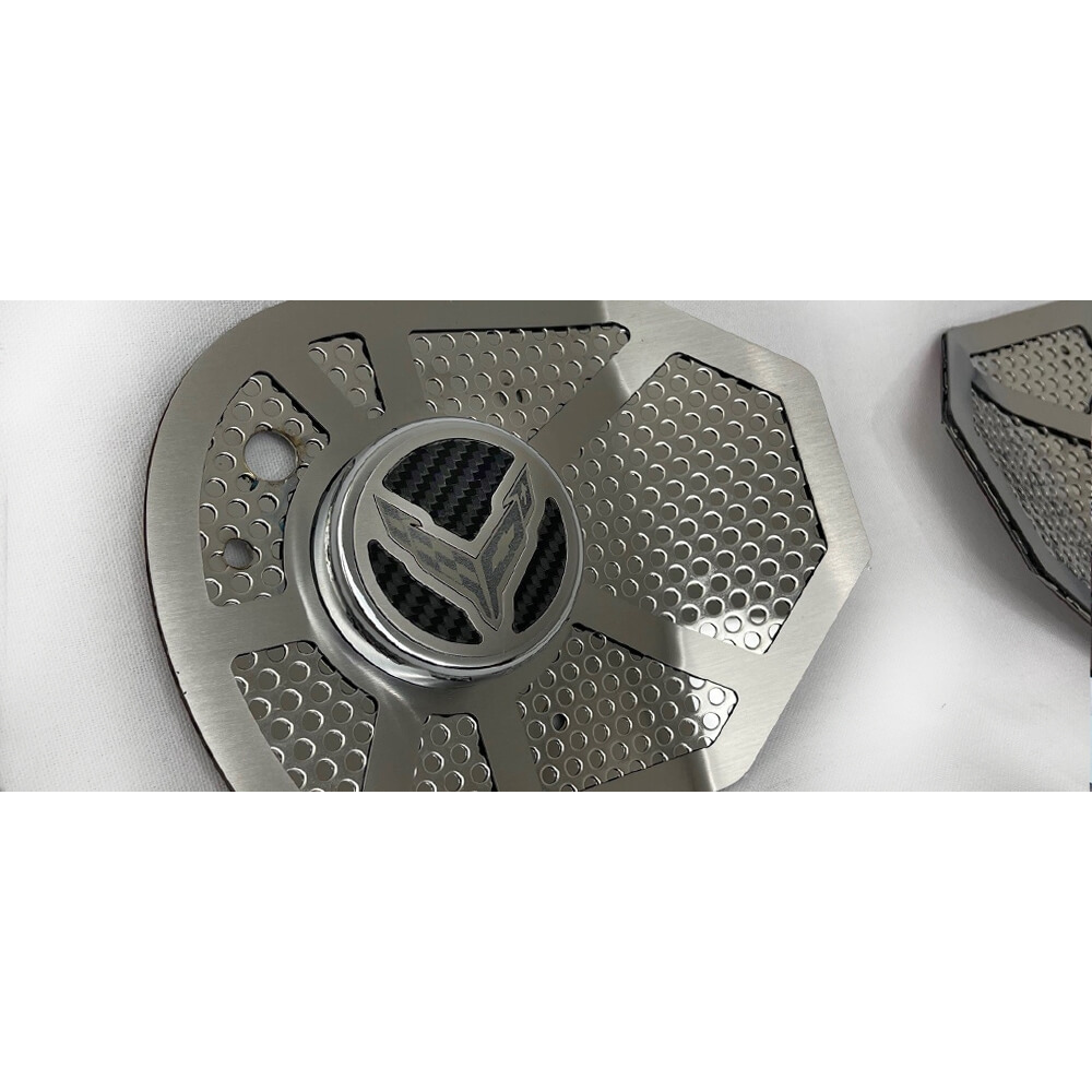 C8 Corvette Coupe Shock Tower Covers 2Pc - Stainless Steel : Brushed/Carbon Fiber With C8 Logo