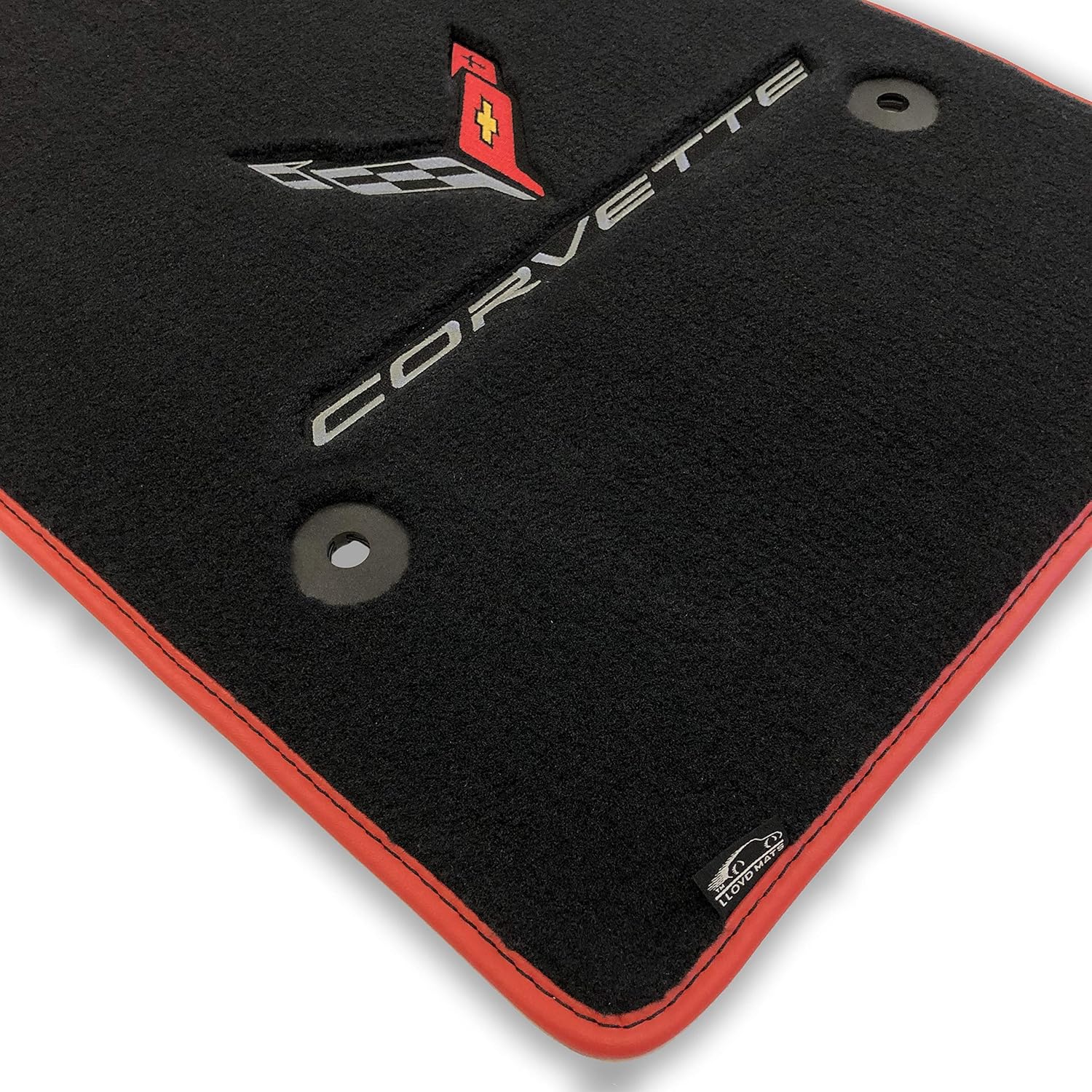 C8 Corvette Floor Mats - Lloyds Mats with C8 Crossed Flags & Corvette Script, Red Binding