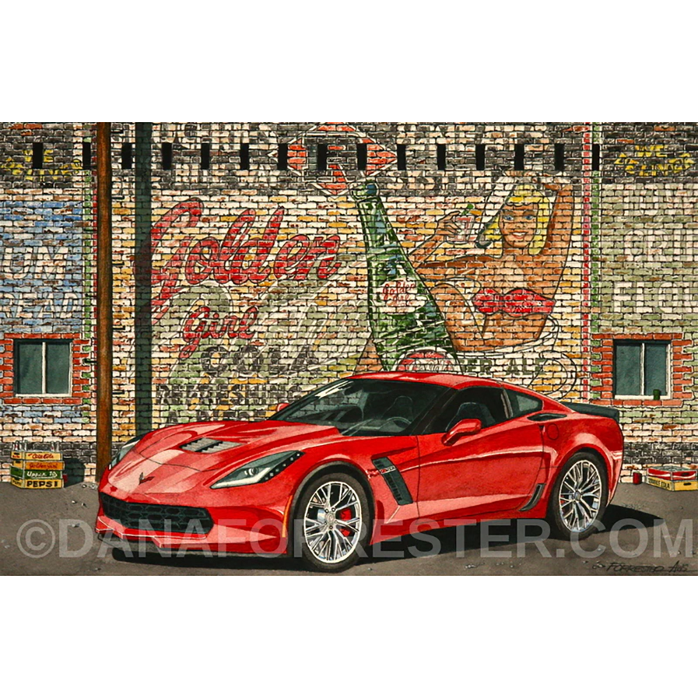 Dana Forrester Corvette Print "The Golden Girl” - C7 Torch Red Z06