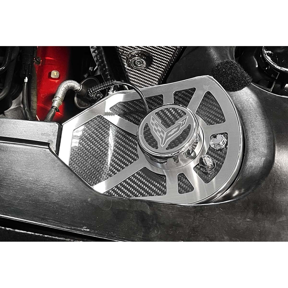 C8 Corvette Coupe Shock Tower Covers 2Pc - Stainless Steel : Brushed Trim/Carbon Fiber With Flag